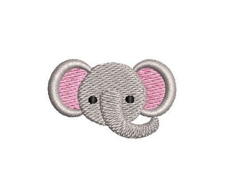 May include: A gray elephant face with pink ears and black eyes. The elephant's trunk is curled up.