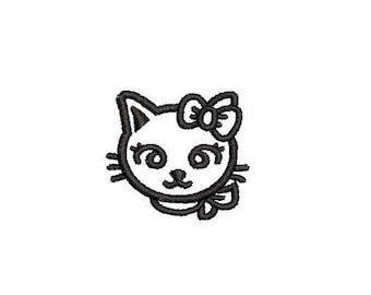 May include: Black and white line drawing of a cartoon cat with a bow. The cat has large eyes and a small nose.