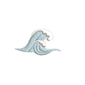 May include: A blue wave with a white crest, a simple design for a decorative element.