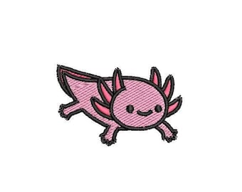 May include: A pink axolotl with black outlines and red gills. The axolotl has a smiling face with black eyes.