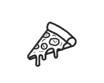 May include: A black and white line drawing of a slice of pizza with melted cheese dripping down the side.