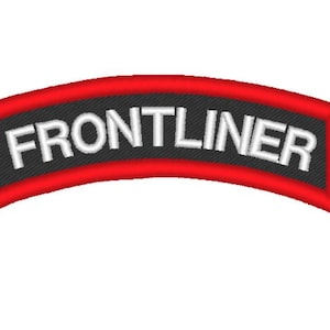 May include: Embroidered patch with the word "FRONTLINER" in white, arched across a black background. The patch has a red border and is designed to be sewn onto clothing or accessories.