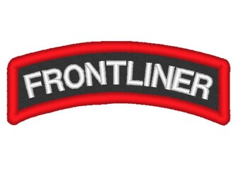 May include: Embroidered patch with the word "FRONTLINER" in white, arched across a black background. The patch has a red border and is designed to be sewn onto clothing or accessories.