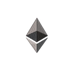 May include: A gray and black geometric shape resembling a diamond, often associated with the cryptocurrency Ethereum.