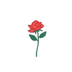 May include: A single red rose with green leaves and a stem.