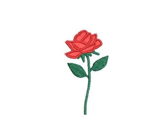 May include: A single red rose with green leaves and a stem.