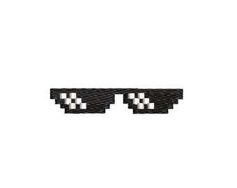 May include: Black pixelated sunglasses with white squares for the eyes. The sunglasses are a popular meme.