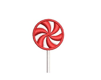 May include: Embroidered red and white swirl lollipop on a white stick. The candy has a spiral design with alternating red and white sections. The design is on a white background.