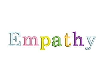 May include: The word "Empathy" is spelled out in colorful letters. The letters are in different colors: light blue, pink, yellow, green, purple, and light blue.