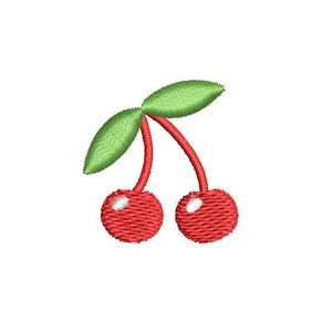 May include: Two red cherries with green stems and leaves.