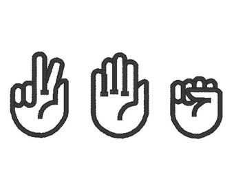 May include: Three black line drawings of hands showing the classic hand gestures for rock, paper, and scissors.