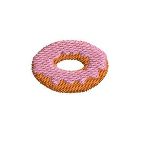 May include: A pink frosted donut with a brown base, isolated on a white background. The donut has a hole in the center and a textured appearance, suggesting an embroidered or stitched design. The pink frosting is evenly applied.