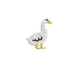 May include: White goose with a yellow beak and feet. The goose is standing on a white background.