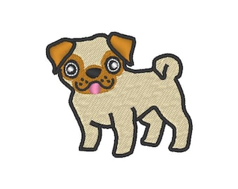 May include: A cartoon illustration of a beige pug with brown ears and a pink tongue sticking out. The pug has large, round eyes.