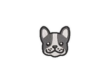 May include: A black and white cartoon illustration of a French bulldog's face.