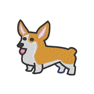 May include: A cartoon illustration of a brown and white corgi with pink ears and a pink tongue sticking out.