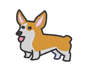 May include: A cartoon illustration of a brown and white corgi with pink ears and a pink tongue sticking out.
