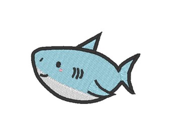 May include: A cartoon illustration of a blue shark with a black outline and a white belly. The shark has a cute expression with a small pink blush on its cheeks.