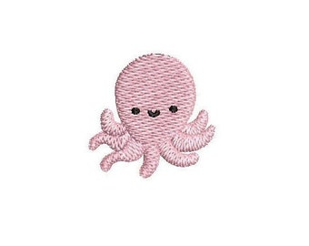 May include: A pink embroidered octopus with a smiling face. The octopus has eight tentacles and is a cute design for a child's room or nursery.