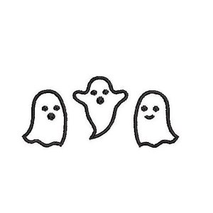 Peut inclure: Trois fantômes de dessin animé noir et blanc avec des expressions faciales différentes. Les fantômes sont dessinés en noir et ont des traits simples.