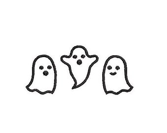 May include: Three black and white cartoon ghosts with different facial expressions. The ghosts are outlined in black and have simple features.