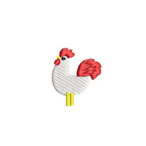 May include: White rooster with a red comb and wattle, a red tail, and yellow legs.