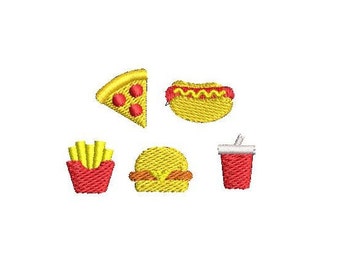 May include: Five embroidered patches featuring classic fast food items: a slice of pizza, a hot dog, french fries, a hamburger, and a cup of soda.
