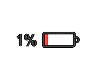 May include: An embroidered design featuring the text "1%" next to a battery icon with a red fill, indicating low battery. The battery outline is black, and the background is white.