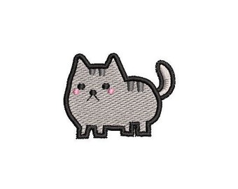 May include: A gray and white cartoon cat with black outlines and pink cheeks. The cat is standing on all fours with its tail curled up behind it.