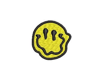 May include: Yellow smiley face with a black outline and three black eyes. The smiley face is slightly distorted, giving it a melting or dripping appearance.