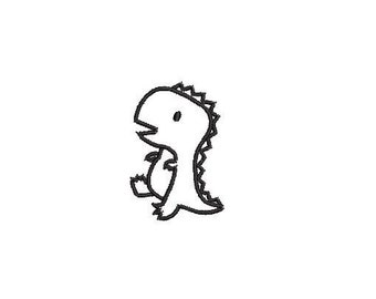 May include: A black and white line drawing of a cartoon dinosaur with a simple design.