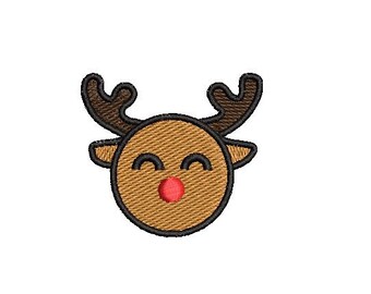 May include: A cartoon reindeer with brown antlers, a brown face, and a red nose. The reindeer has closed eyes and a smiling expression.