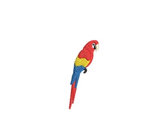 May include: A red, yellow, and blue parrot with a black beak and black eyes.