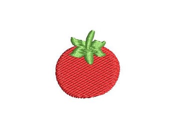May include: A red tomato with a green stem and leaves. The tomato is a simple, cartoon-like design.