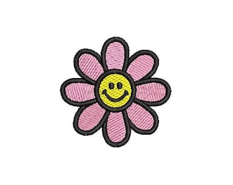 May include: A pink flower with a yellow smiley face in the center. The flower has eight petals and a black outline.
