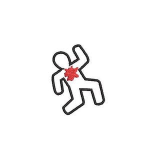 Puede incluir: Un dibujo simple de una persona tendida en el suelo con una salpicadura roja en el pecho.