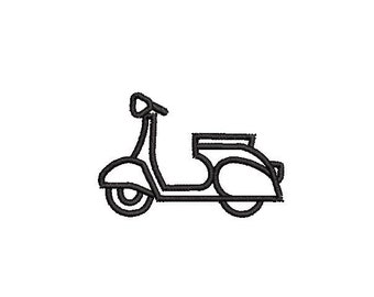 May include: A black line drawing of a vintage scooter.