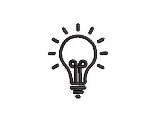 May include: A black and white line drawing of a light bulb with rays emanating from the top.