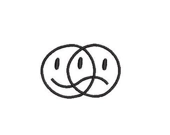 May include: Black and white line drawing of two overlapping smiley faces, one smiling and one frowning.