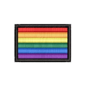 May include: A rainbow pride flag patch with a black border. The flag has six stripes: red, orange, yellow, green, blue, and purple.