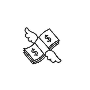 May include: A black and white line drawing of a stack of cash with wings. The cash has dollar signs on it.