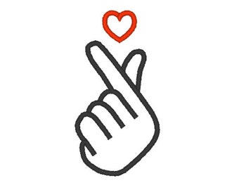 May include: A black line drawing of a hand making a heart shape with the index and thumb fingers. A red heart is above the hand.