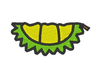 May include: A cartoon illustration of a durian fruit with a yellow spiky shell and green leaves.