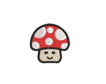 May include: A red and white mushroom with a smiling face. The mushroom has white spots on the top and a brown stem.