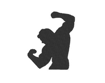 May include: Silhouette of a person flexing their bicep muscles. The person is facing away from the viewer, with their right arm raised and their left arm bent at the elbow.