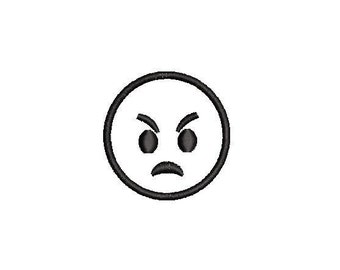 May include: Black and white line drawing of an angry emoji with furrowed brows and a frown.