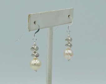 Brushed Silver and Pearl Earrings