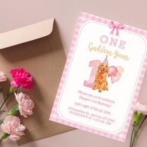 Golden Retriever 1st Birthday Invitation: Pink Gingham (Digital Template)