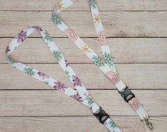Watercolor succulent lanyard keychain badge holder.