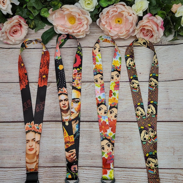 Frida Kahlo Lanyard keychain badge holder, Frida Kahlo floral keychain gift idea, gift for women, girl, teen, mom, girlfriend, valentines